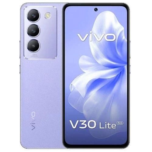 Vivo V30 Lite smartphone in blue color showing the front screen display and rear camera setup.
